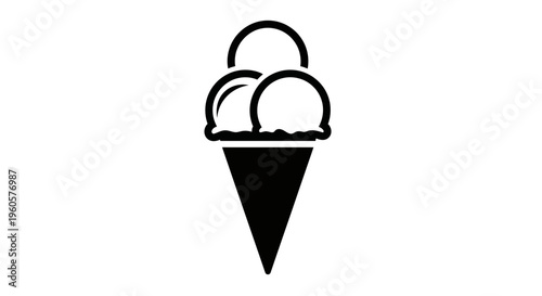 Black and White Ice Cream Cone Icon with Three Scoops