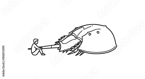 Line drawing of a small person leveraging against an imposing marine arthropod