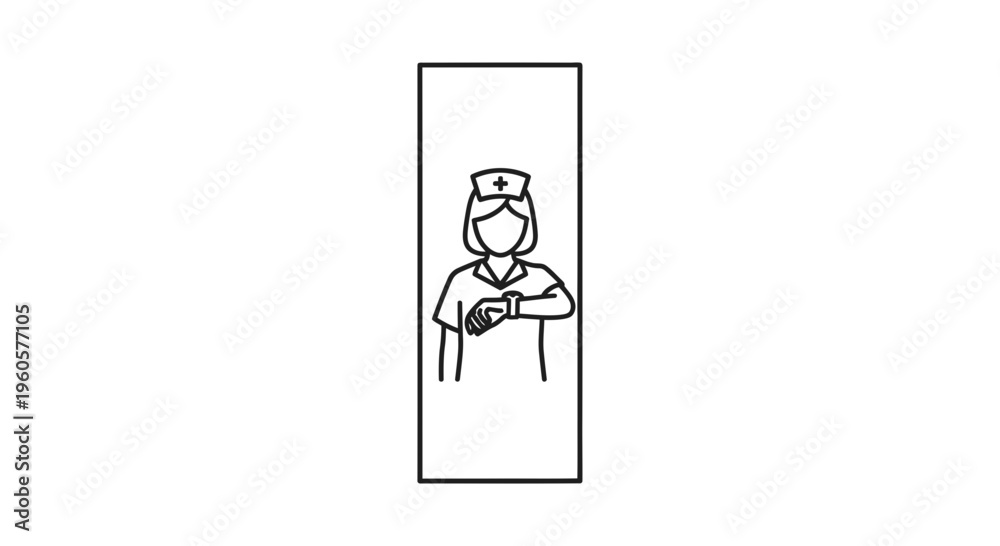 Fototapeta premium Stylized black and white icon of a healthcare worker, a nurse, observing her timepiece to manage