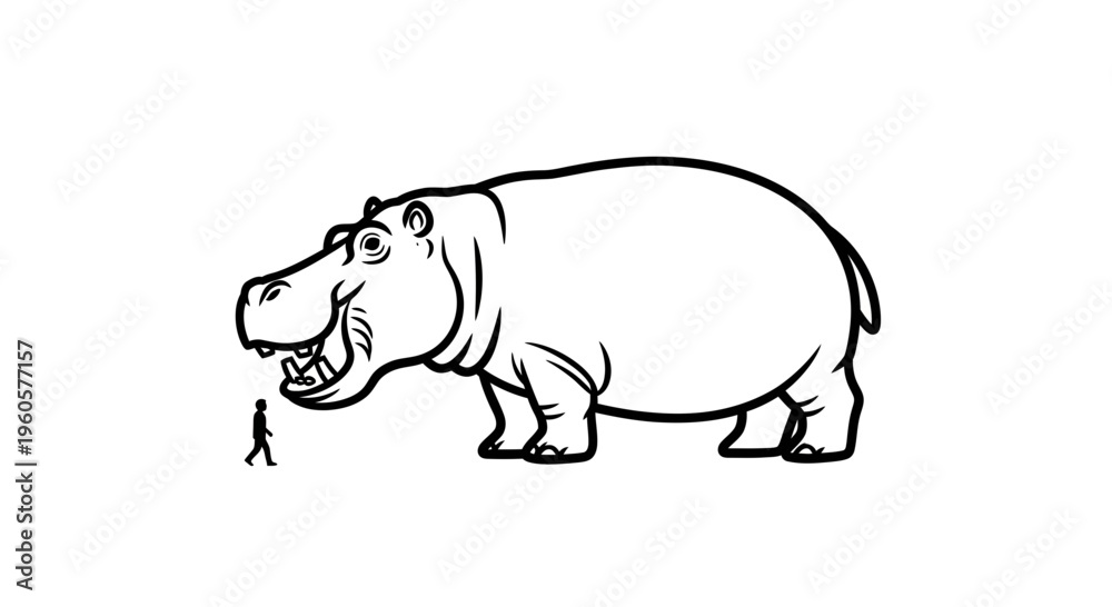 Fototapeta premium Stark black and white artwork depicting a massive hippopotamus alongside a small human silhouette