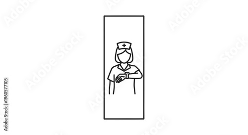 Stylized black and white icon of a healthcare worker, a nurse, observing her timepiece to manage