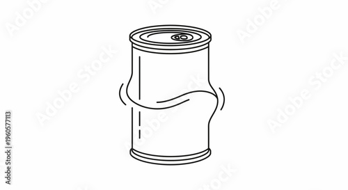 Minimalist line art illustration of a crushed metal beverage can depicting industrial damage or