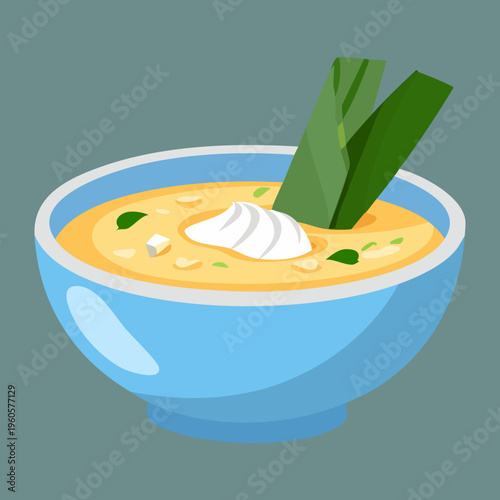 Steaming Rice Porridge With Egg And Fresh Herb Garnish In Blue Bowl - Vector Illustration