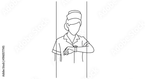 Dedicated healthcare worker monitors her schedule with precision, a monochrome line art rendering