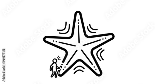 Minimalistic black and white line illustration of a small person observing a giant stylized