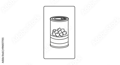 A minimalist line art illustration of a sealed tin can containing small spherical vegetables,