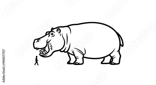 Stark black and white artwork depicting a massive hippopotamus alongside a small human silhouette