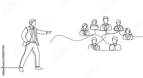 Businessman pointing finger at team, directing workflow, leadership, strategy, management