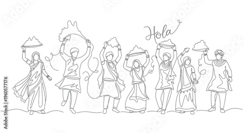 Indian People Celebrating Holi Festival with Colors, Line Art Illustration