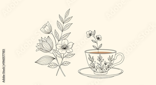 Delicate floral illustration in a teacup with saucer, line art, beige background