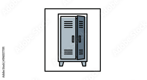 Minimalist line art illustration of a gray metal locker with one door slightly ajar against white