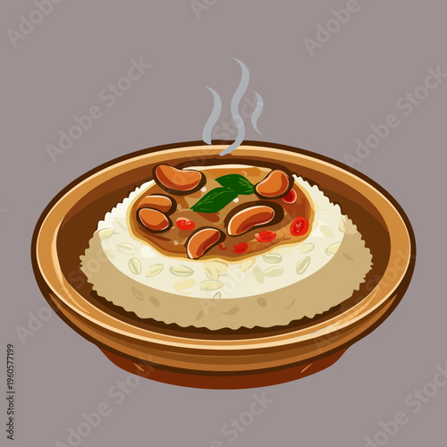 Traditional Asian Rice Porridge With Meat Garnish In Clay Round Dish - Vector Illustration
