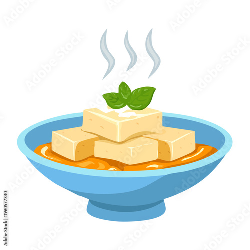 Soft Steamed Tofu Cubes In Savory Broth In Blue Ceramic Bowl - Vector Illustration
