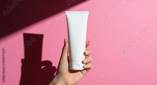 Hand holding white cosmetic cream tube against pink background with shadow