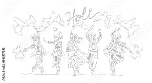 Holi Festival Celebration: Joyful People Dancing, Splashing Colors, Happy Cultural Event