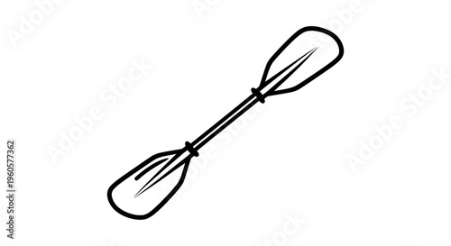 Black and white outline drawing of a kayak paddle, isolated on white background