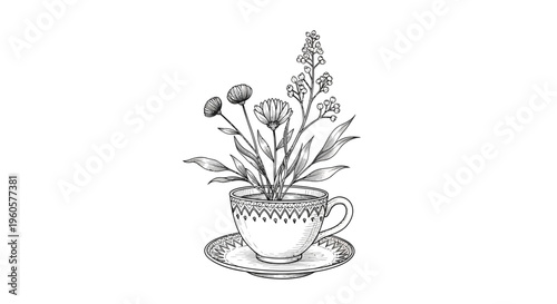 Hand-Drawn Botanical Illustration of Flowers in a Teacup