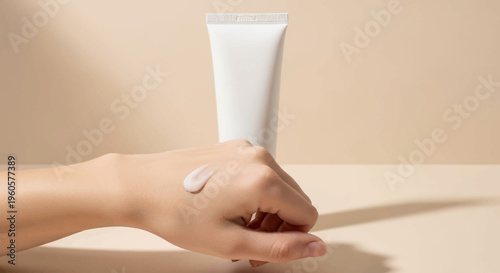 Hand with Skincare Product: Cream Sample on Skin, White Tube Background