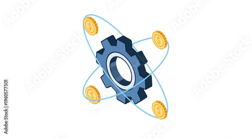 Financial Gear Mechanism with Spinning Coins: Business Growth and Investment Concept