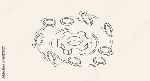 Gear and coins spinning around a central cogwheel, symbolizing financial management and strategy.