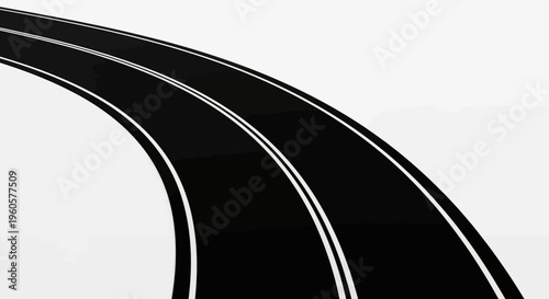 Curving asphalt road with white lines, isolated on white background, perspective view