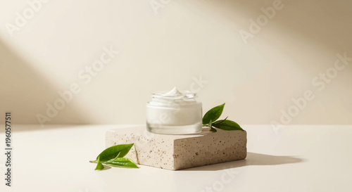 Natural Skincare Cream Jar with Green Leaves on Pedestal, Minimalist Beauty Product Display