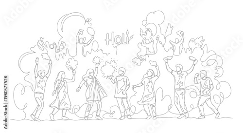 People Celebrating Holi Festival With Colors - Line Art Illustration