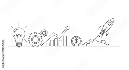 Business growth concept: idea, gears, graph, money, rocket launch, startup success