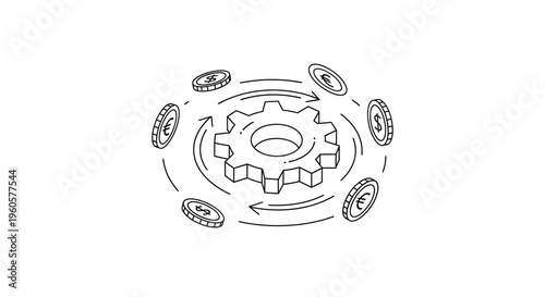 Gear with Coins Rotating Around, Symbolizing Financial Process and Economic Cycle