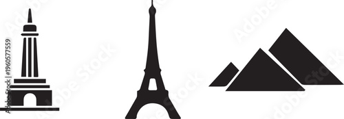 Iconic Landmarks Silhouettes: Eiffel Tower, Pyramids, Blackpool Tower