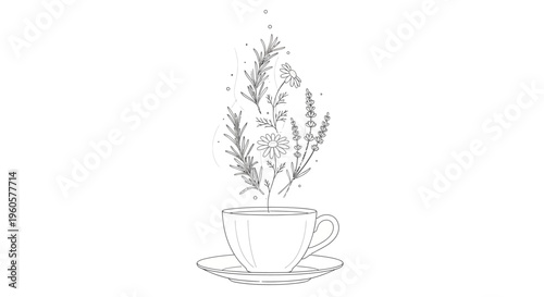 Herbal Tea Cup with Floral Steam - Natural Wellness and Relaxation
