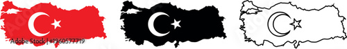 Turkey Map Outline with National Flag Designs: Red, Black, White