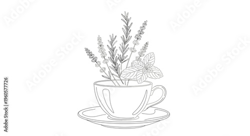Herbal Tea Ingredients in Cup: Lavender and Mint Line Art