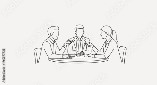 Business meeting: three people discussing ideas around a round table, teamwork, collaboration