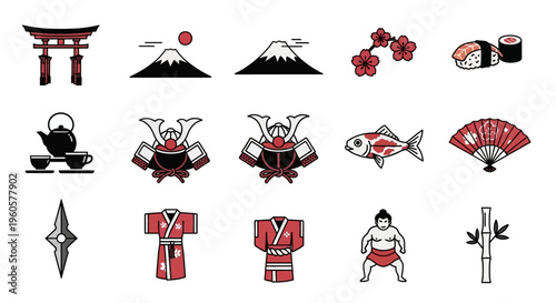 Japanese Culture Icons: Torii Gate, Fuji, Sushi, Samurai, Kimono, Sumo, Fan, Tea Set