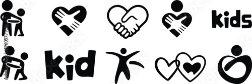 Set of Minimalist Charity Icons and Logos Featuring Hearts Hands and Silhouettes Representing Child Care Love Protection and Family Support