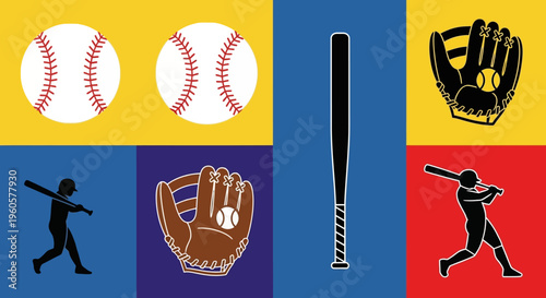 Baseball Collage: Bats, Balls, Gloves, and Players in Action on Colorful Backgrounds