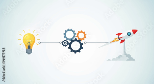 Idea to Launch: Lightbulb, Gears, and Rocket Ship Symbolizing Innovation and Startup Success
