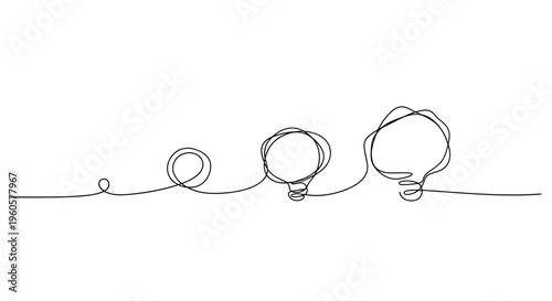 Continuous line drawing of evolving light bulbs representing ideas and innovation