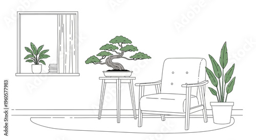 Minimalist living room with bonsai tree, armchair, and plants, line art style