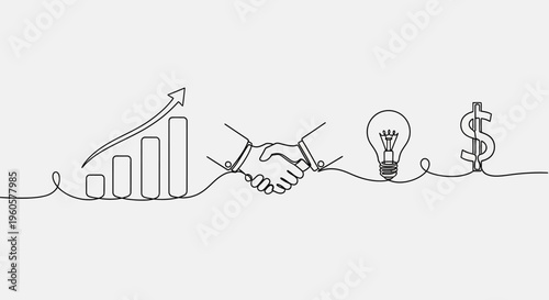 Business growth, partnership, idea, and finance concept, continuous line drawing