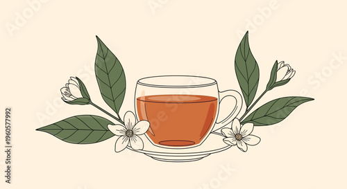 Elegant Tea Cup with Jasmine Flowers and Leaves, Refreshing Beverage