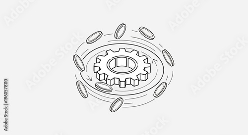 Rotating Gear with Coins Flying Around - Business Concept