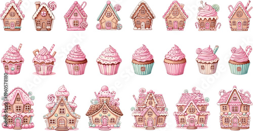 Cute candy houses and cupcakes collection sweet dessert fantasy bakery cartoon vector illustration set