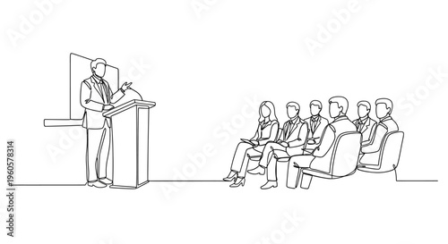Speaker Presenting to Audience at Podium in Minimalist Line Art Style