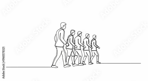 Group of people walking in line, leader ahead, simple line drawing, minimalist style
