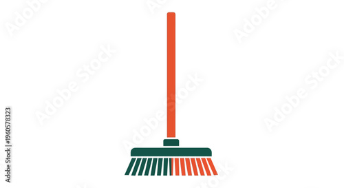 Orange and Green Broom Icon on White Background - Cleaning Tool Vector Illustration