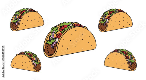 Five Delicious Tacos Arranged Artfully on a White Background