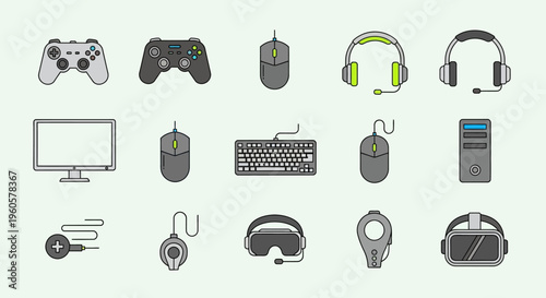 Gaming Accessories Collection: Controllers, Headsets, VR, PC Peripherals - Vector Icons