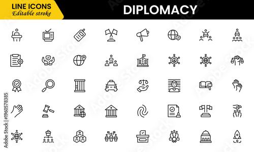 The diplomacy outline icon set comprises spoken and written communication, leaders, diplomats, the international system, and foreign policy. Editable stroke outline icon.